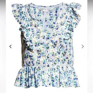 NWT Veronica Beard Araya Floral Flutter-Sleeve Peplum Top Cobalt Blue Multi 8